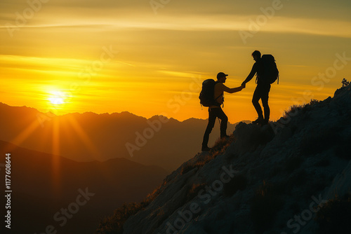 Teamwork at Sunset: Hikers Helping Each Other Reach the Summit