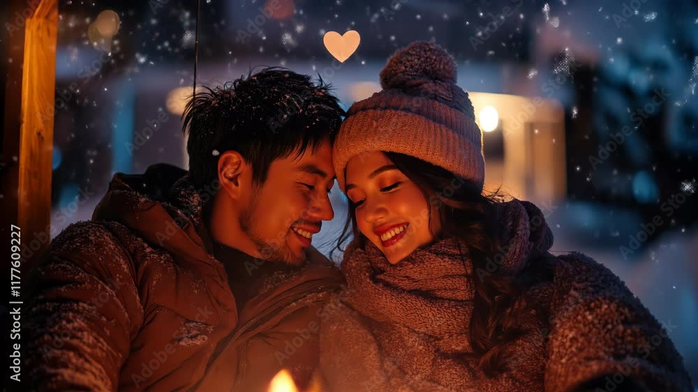 Cozy couple enjoys a romantic evening by the fire in a winter wonderland setting Cozy couple enjoys a romantic evening by the fire in a winter wonderland setting