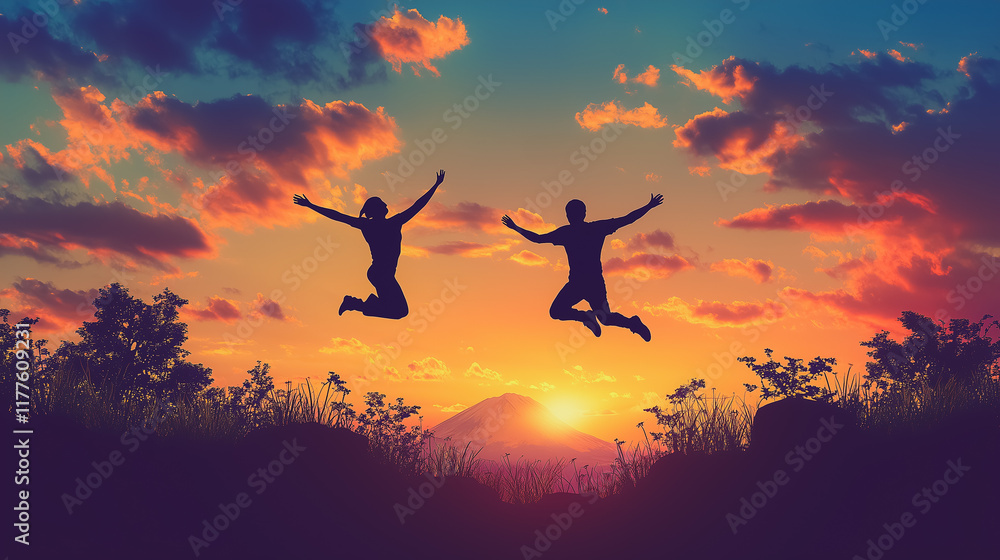 Jumping into Freedom: Two silhouettes leap with joy against a vibrant sunset sky, symbolizing liberation, adventure, and the pursuit of dreams. Jumping into Freedom: Two silhouettes leap with joy against a vibrant sunset sky, symbolizing liberation, adventure, and the pursuit of dreams.