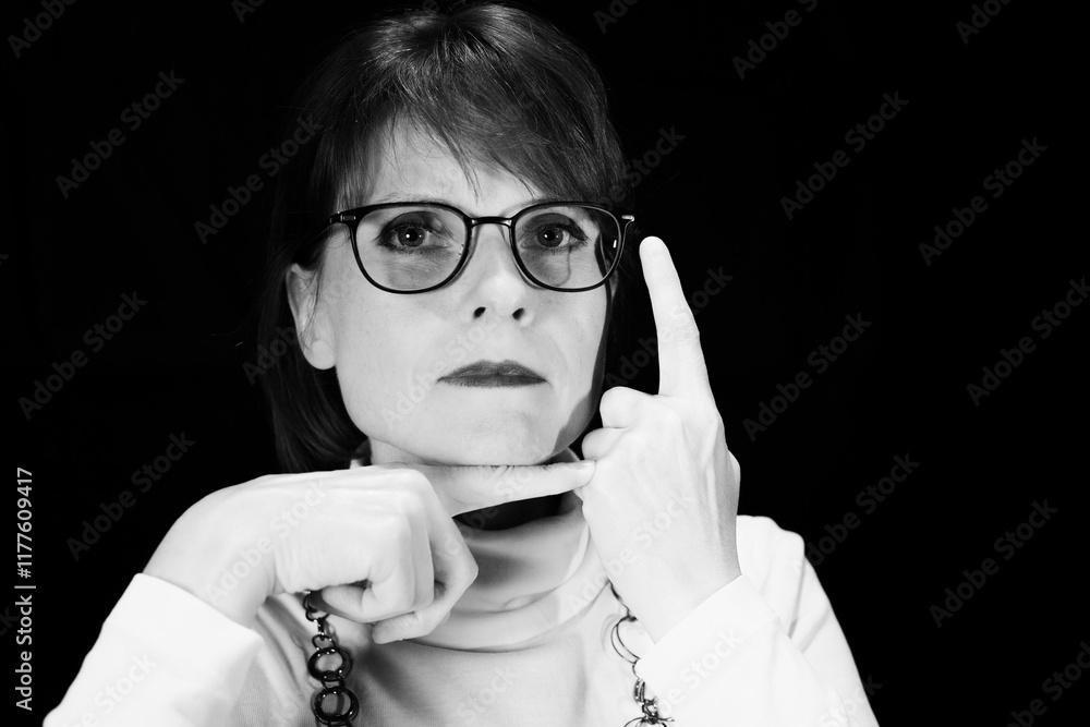 Fototapeta premium Frau mit Brille und erhobenem Finger als Schwarzweißporträt