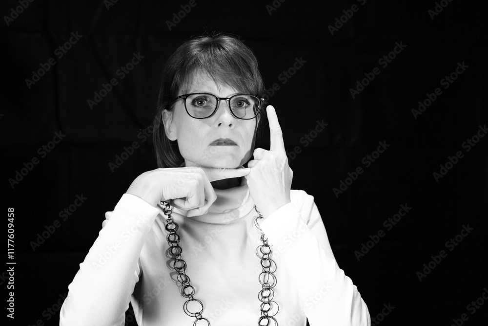 Fototapeta premium Frau mit Brille zeigt deutliche Handgeste als Schwarzweißporträt