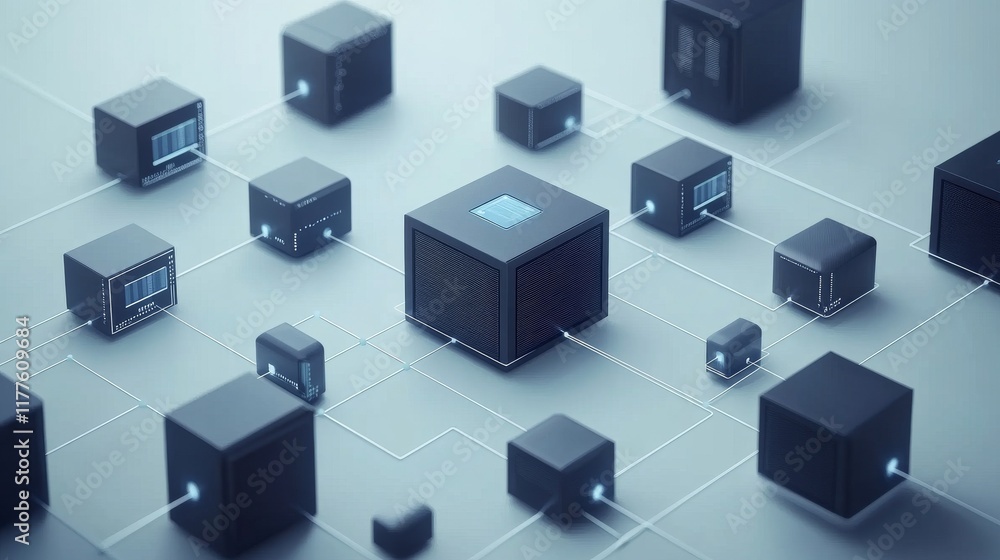Obraz premium A network of black cubes with glowing connections is displayed on a soft backdrop, symbolizing advanced technology and data exchange. The arrangement allows for clear messaging and branding