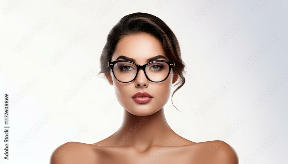 studio portrait of a brunette woman with nude shoulders wearing fashion eyeglasses on a white background, eyewear collection studio portrait of a brunette woman with nude shoulders wearing fashion eyeglasses on a white background, eyewear collection