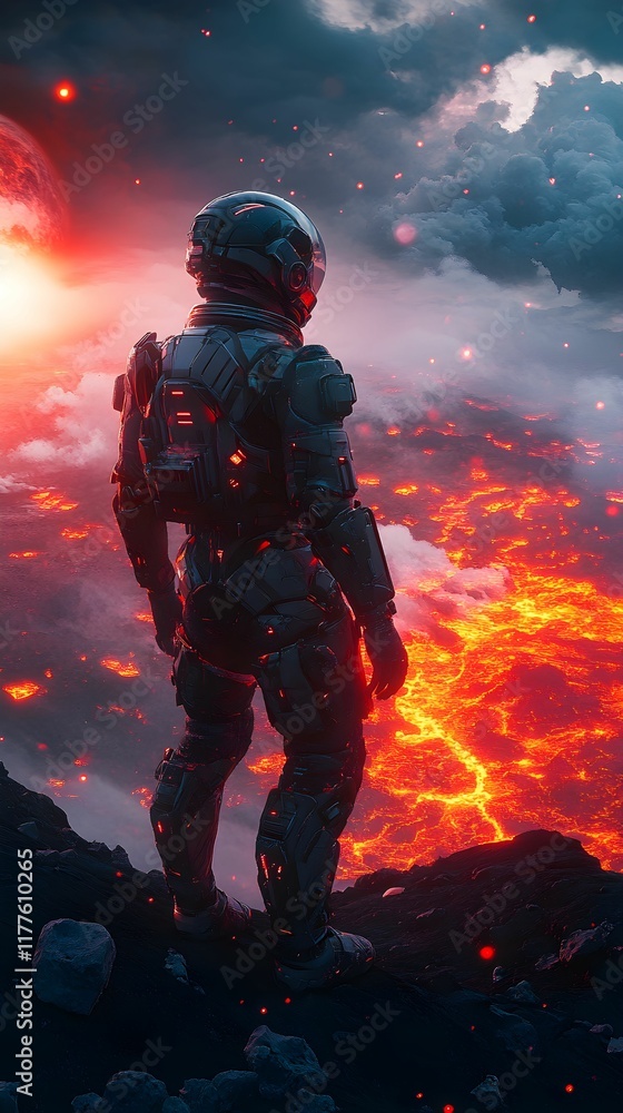 Astronaut gazes at a volcanic landscape on an alien planet during a cosmic sunset Astronaut gazes at a volcanic landscape on an alien planet during a cosmic sunset