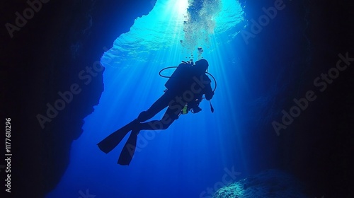 Wallpaper Mural Beneath the ocean's surface, a diver gracefully maneuvers through an underwater cave. Sunlight filters through, creating a serene atmosphere in the tranquil depths Torontodigital.ca