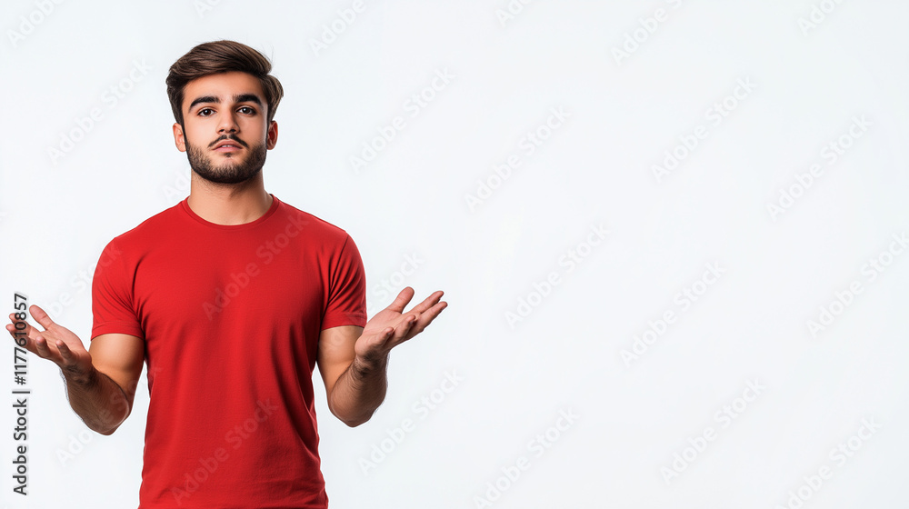 Young man with a questioning expression wearing a red t-shirt against a light background with copy space Young man with a questioning expression wearing a red t-shirt against a light background with copy space