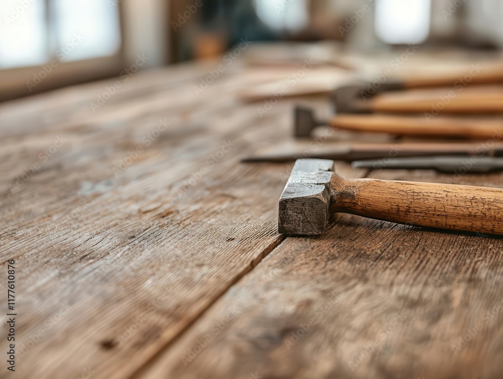 Neatly arranged woodworking tools on a weathered wooden bench, bathed in warm light, tools in workshop, classic artisan workspace Neatly arranged woodworking tools on a weathered wooden bench, bathed in warm light, tools in workshop, classic artisan workspace