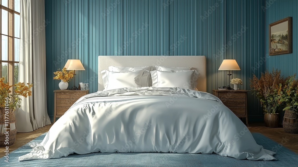 Delve into a hyper-realistic image of a serene, uncluttered bedroom adorned with pristine white linens, ideal for embodying tranquility and simplicity in interior design Delve into a hyper-realistic image of a serene, uncluttered bedroom adorned with pristine white linens, ideal for embodying tranquility and simplicity in interior design