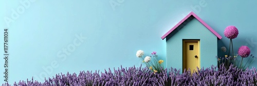 A vibrant field of lavender with a small cottage nestled in the background photo