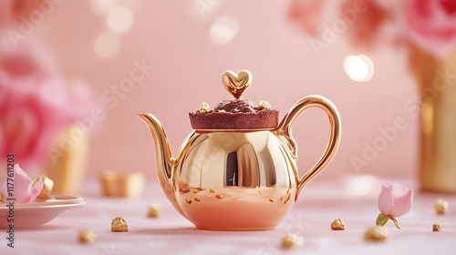 Golden teapot with rich heart shaped chocolate mousse on peach background photo