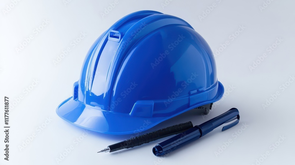 Blue Hard Hat with Pen on White Background Blue Hard Hat with Pen on White Background