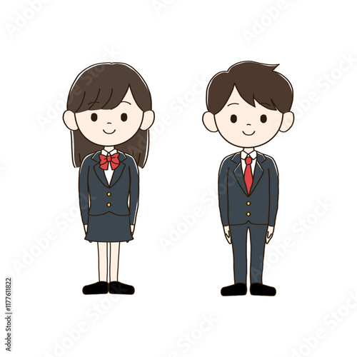 ブレザーを着た男女の高校生の全身