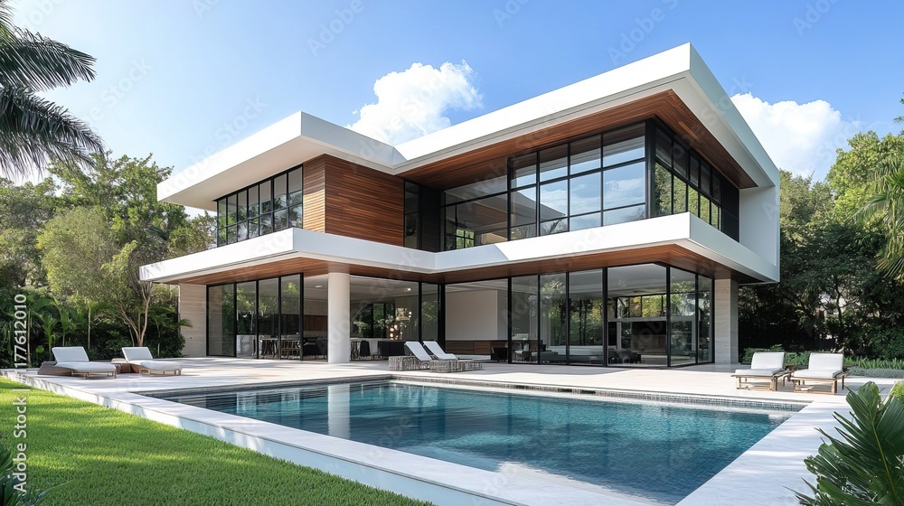 Fototapeta premium Modern two-story house with elegant design showcasing clean lines