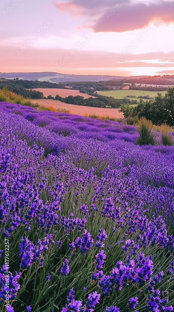 Fototapeta premium Lavender Field Sunset: Serene Purple Landscape at Golden Hour