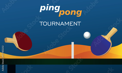 Two rackets on a red background. Green table tennis table. Vector poster ping pong tournament