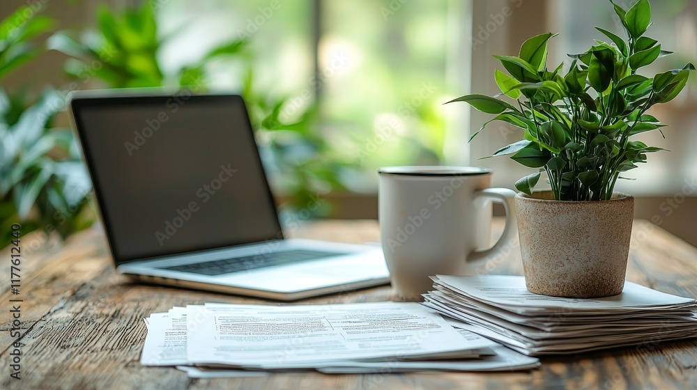 A tidy desk includes a laptop, notebook, and pens, alongside a neatly arranged stack of documents and a clipboard, showcasing effective documentation practices