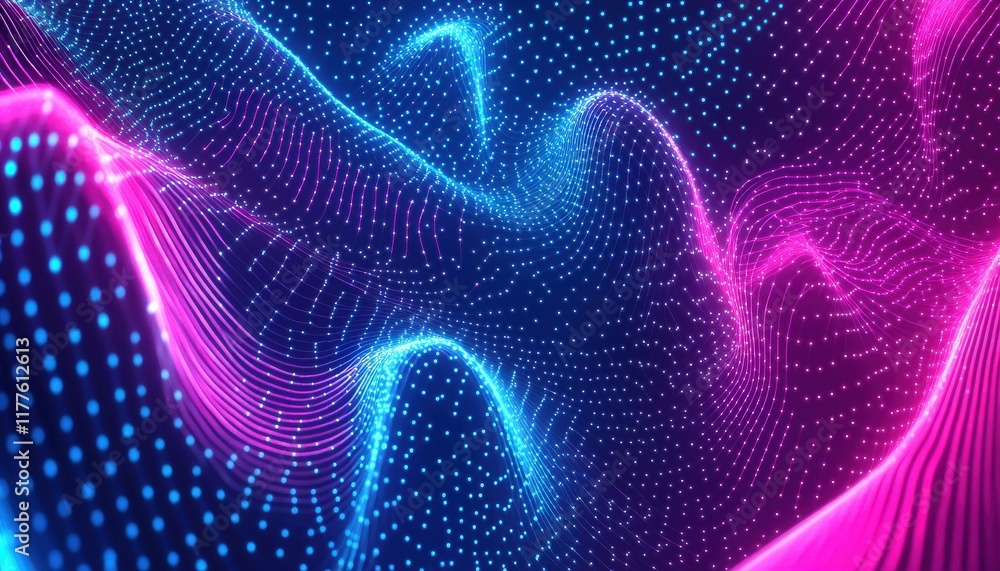 Fototapeta premium Abstract Neon Wave Background Pink Blue Digital Flow Glowing Particles