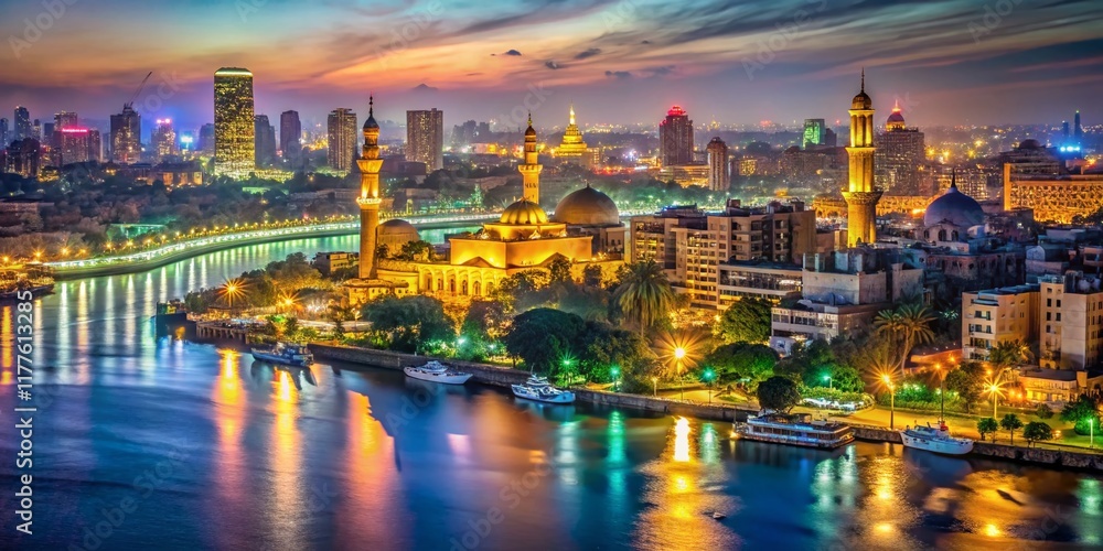 Fototapeta premium Night Photography in Cairo, Egypt: Illuminating the City's Ancient Wonders