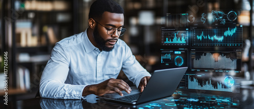 Focused Analyst:  A determined businessman analyzes data on his laptop, surrounded by dynamic holographic charts and graphs, symbolizing insightful business decisions and technological prowess. photo