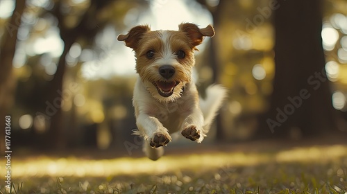 playful jack russell terrier mid-leap captured with focus against blurred park background photo