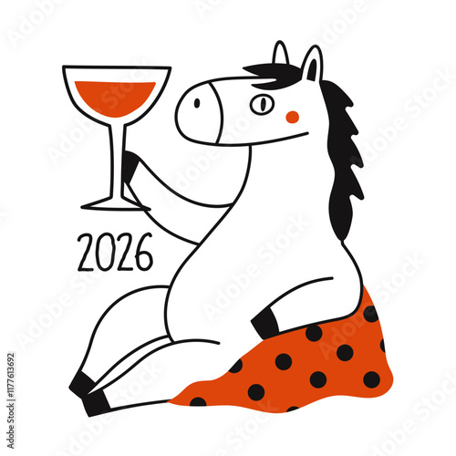 Vector illustration of outline horse with wine or any alcohol in a glass, polka dot pillow and 2026 number. New Year celebration 2026 print design with farm animal, greeting card template