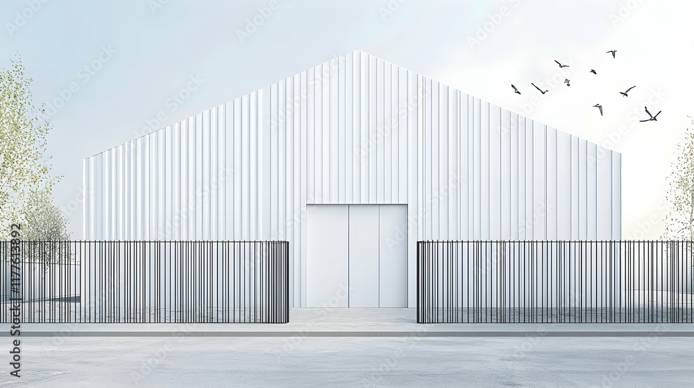 Fototapeta premium Modern minimalist white building with a black metal fence, birds flying overhead, architectural design.