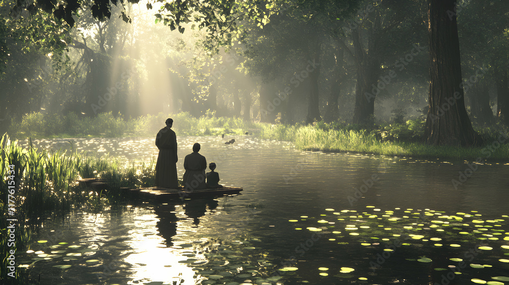 Serene family silhouettes on a tranquil river, bathed in the golden light of dawn. Peaceful forest scene, family togetherness. Serene family silhouettes on a tranquil river, bathed in the golden light of dawn. Peaceful forest scene, family togetherness.