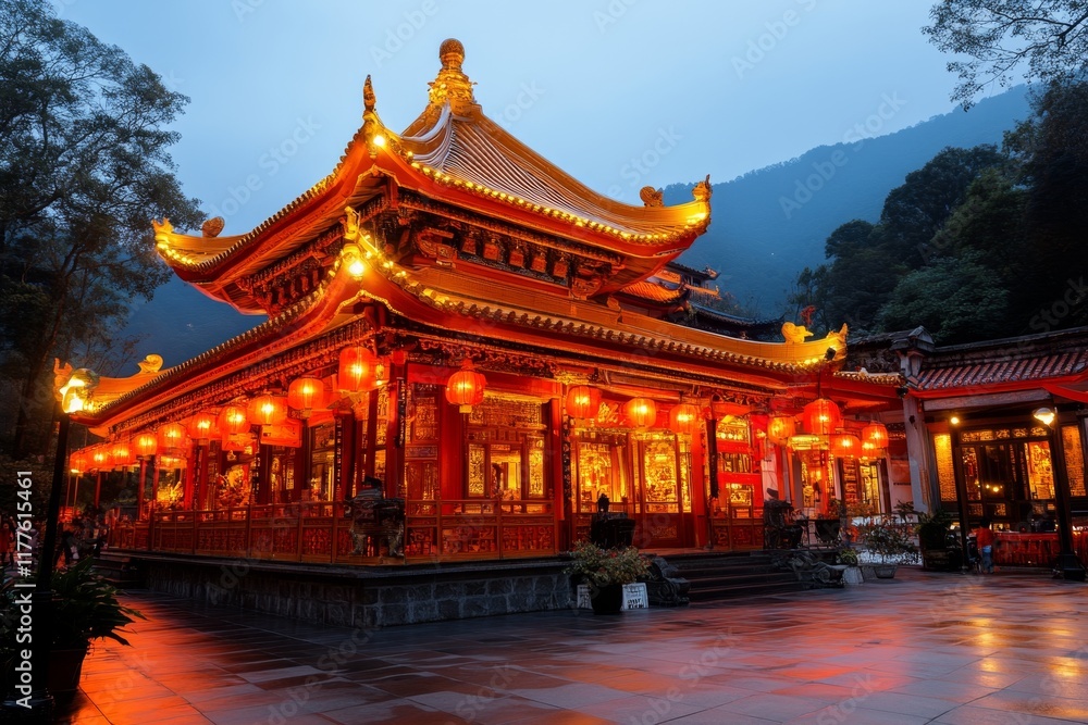 Fototapeta premium A glowing golden ubosot at night, with its intricate carvings illuminated by soft spotlights