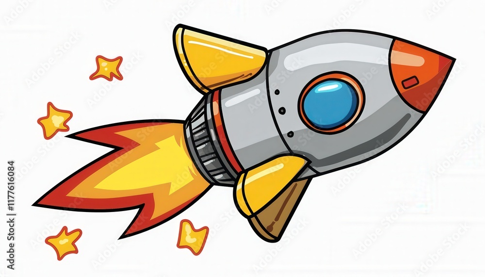 A cartoon rocket ship blasting off with flames and stars. Ideal for children's books, educational materials, or game design. A cartoon rocket ship blasting off with flames and stars. Ideal for children's books, educational materials, or game design.