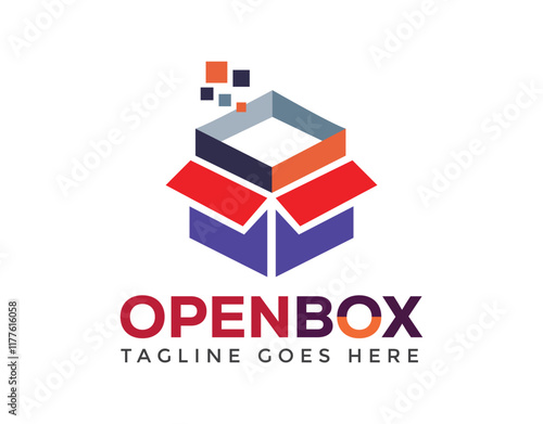 geometric unboxing logo vector, color box open logo, delivery company logo design template
