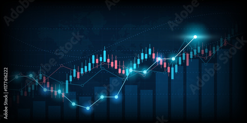 financial graph with uptrend line and world map in stock market on blue color background