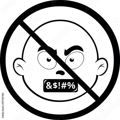 vector illustration drawing emoji signage with a censored insult text in the mouth and stop signage, in the concept of prohibiting saying bad words, sketch drawn in black and white color