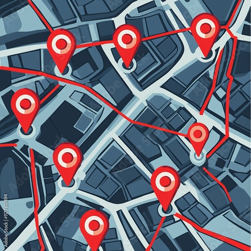 An illustration of a city map with red pins representing locations

 photo