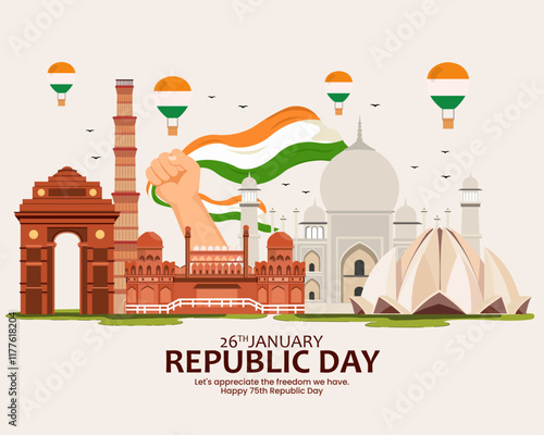 republic day of india famous monuments taj mahal, india gate, red fort, lotus temple and landmark celebration banner