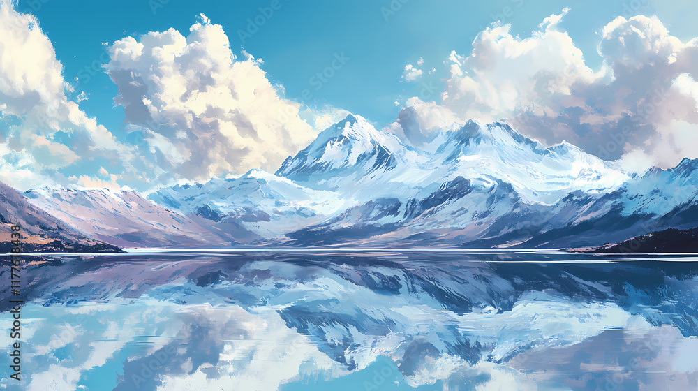 Obraz premium Majestic snowcapped mountain range reflected in a serene alpine lake with dramatic cloud formations in a steelblue sky. Snowcap. Illustration