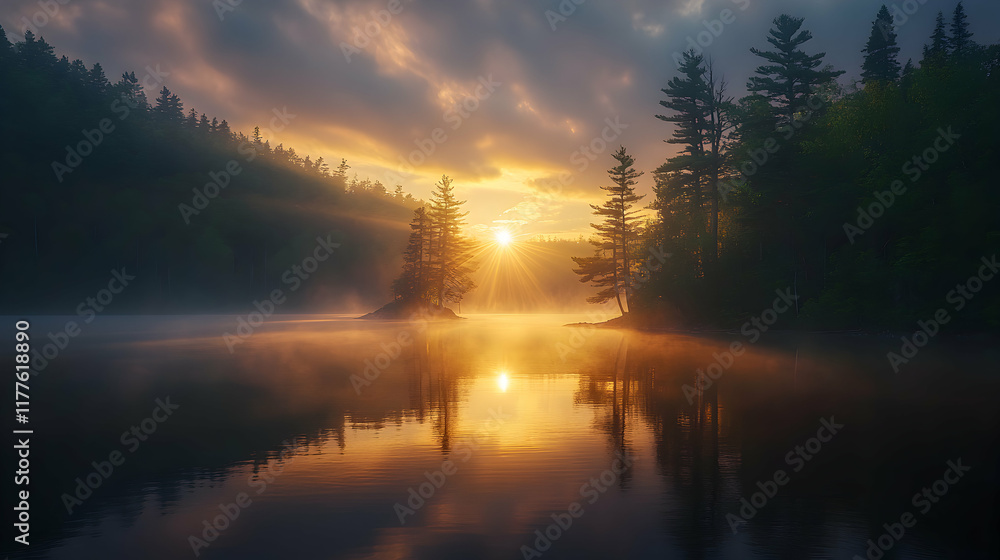 Obraz premium Serene sunrise over a tranquil lake, mist rising, sun rays through trees, peaceful morning landscape.