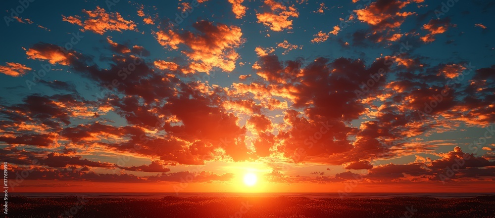 Fototapeta premium Fiery sunset over horizon with dramatic clouds.