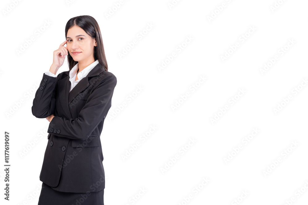 Professional portrait confident businesswoman in a black formal suit, standing against a white background. Perfect for corporate, leadership, or business-related concepts. Professional portrait confident businesswoman in a black formal suit, standing against a white background. Perfect for corporate, leadership, or business-related concepts.