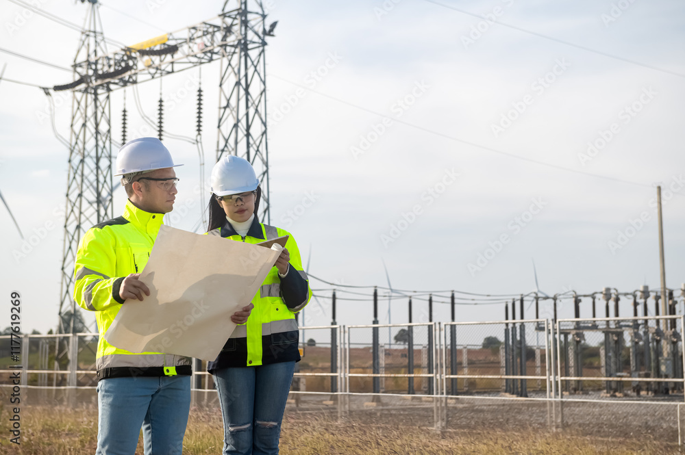 custom made wallpaper toronto digitalMaintenance engineers plan to inspect the operation of a wind turbine with a power plant in the background.
