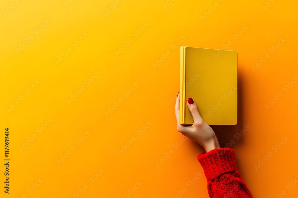 Illustration: Woman's hand in red sweater holding a yellow book against an orange background. Illustration: Woman's hand in red sweater holding a yellow book against an orange background.