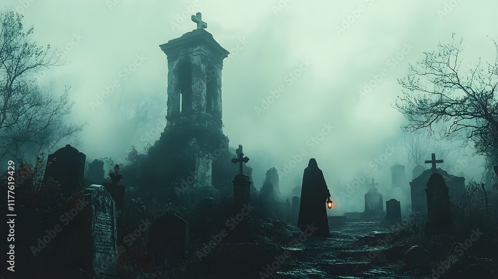 A Moody Atmospheric Graveyard Scene with a Lone Figure Navigating the Fog Shrouded Landscape
