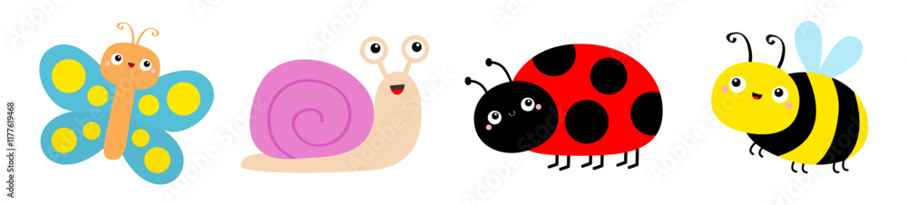 Obraz premium Insect icon set line. Flying bee bumblebee, butterfly, lady bug ladybird, beetle, snail cochlea. Cute cartoon kawaii baby character. Valentines Day. Childish style. Flat design White background Vector