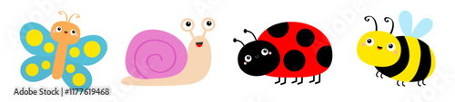 Insect icon set line. Flying bee bumblebee, butterfly, lady bug ladybird, beetle, snail cochlea. Cute cartoon kawaii baby character. Valentines Day. Childish style. Flat design White background Vector