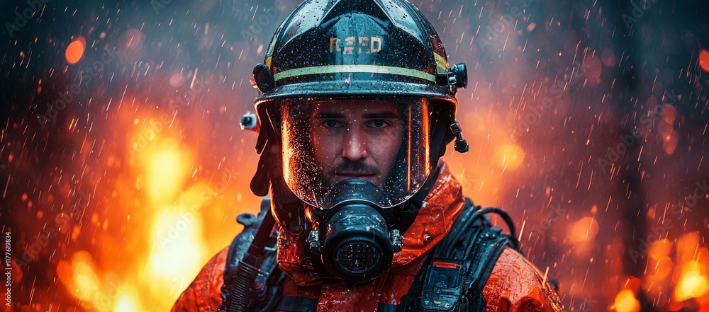 Firefighter in full gear facing a raging fire during a heavy downpour. Firefighter in full gear facing a raging fire during a heavy downpour.