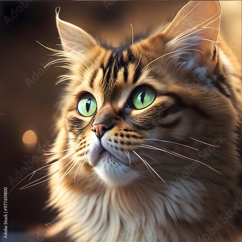 A close-up portrait of a fluffy tabby cat with striking green eyes. The cat is looking upwards with its head slightly tilted. The fur is varying shades of brown and black, with long whiskers.