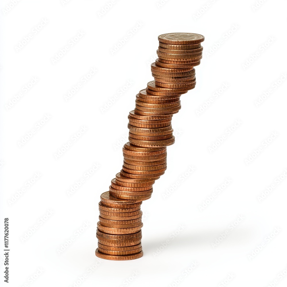 Stacked Coins Creating a Unique Leaning Sculpture Stacked Coins Creating a Unique Leaning Sculpture