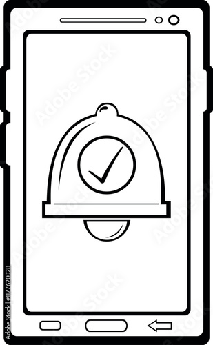 vector illustration drawing black and white icon of mobile phone with activated alarm bell