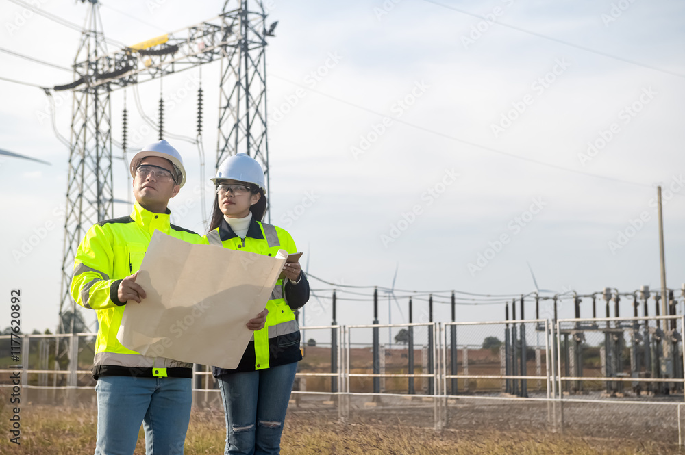 custom made wallpaper toronto digitalMaintenance engineers plan to inspect the operation of a wind turbine with a power plant in the background.