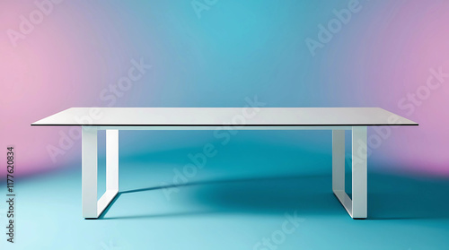 An empty white table for displaying products on a blue and pink background