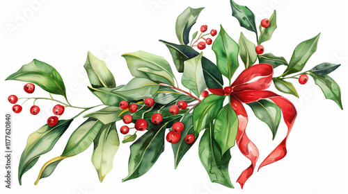 Watercolor mistletoe bouquet with green leaves, red berries, and red ribbon, isolated on white background. Ideal for Christmas decorations and greeting